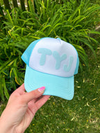 TYJ White and Light Blue Trucker Hat | Thank You Jesus