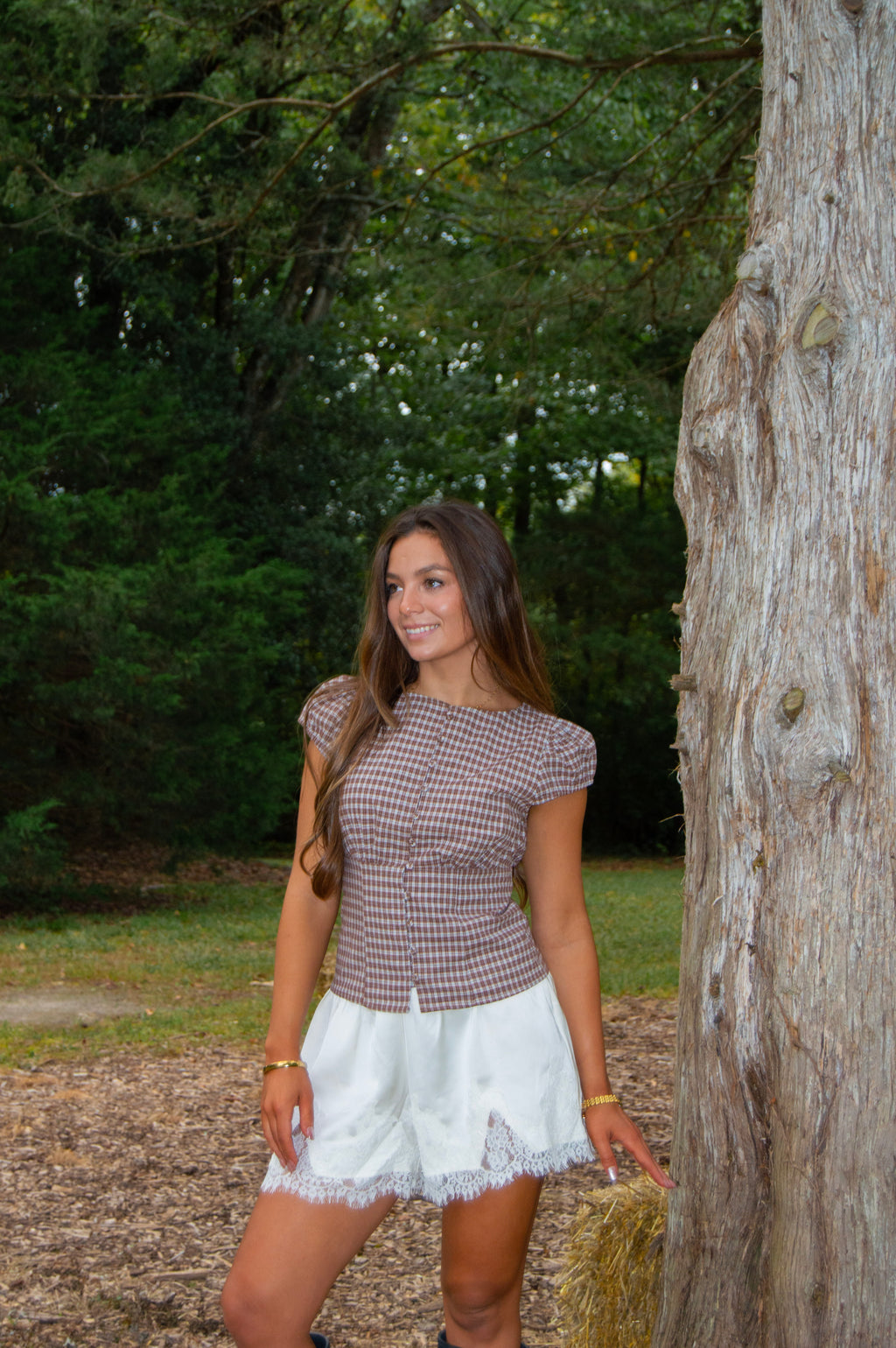 Harvest Gingham Top — Brown
