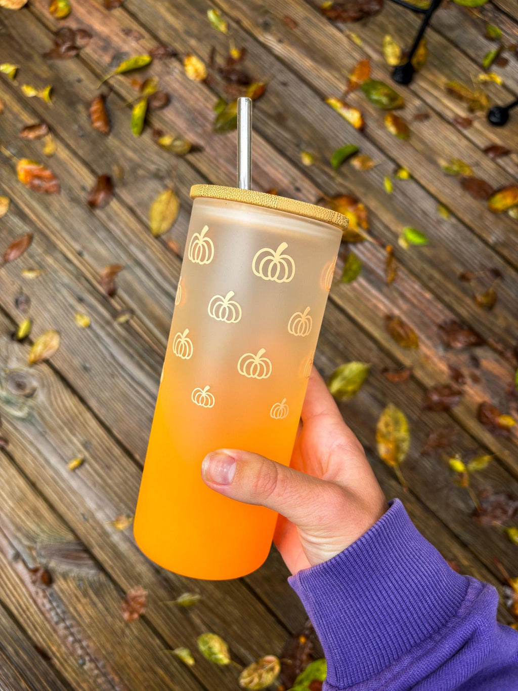 Orange Ombre Pumpkin Glass Iced Coffee Cup with Lid & Straw