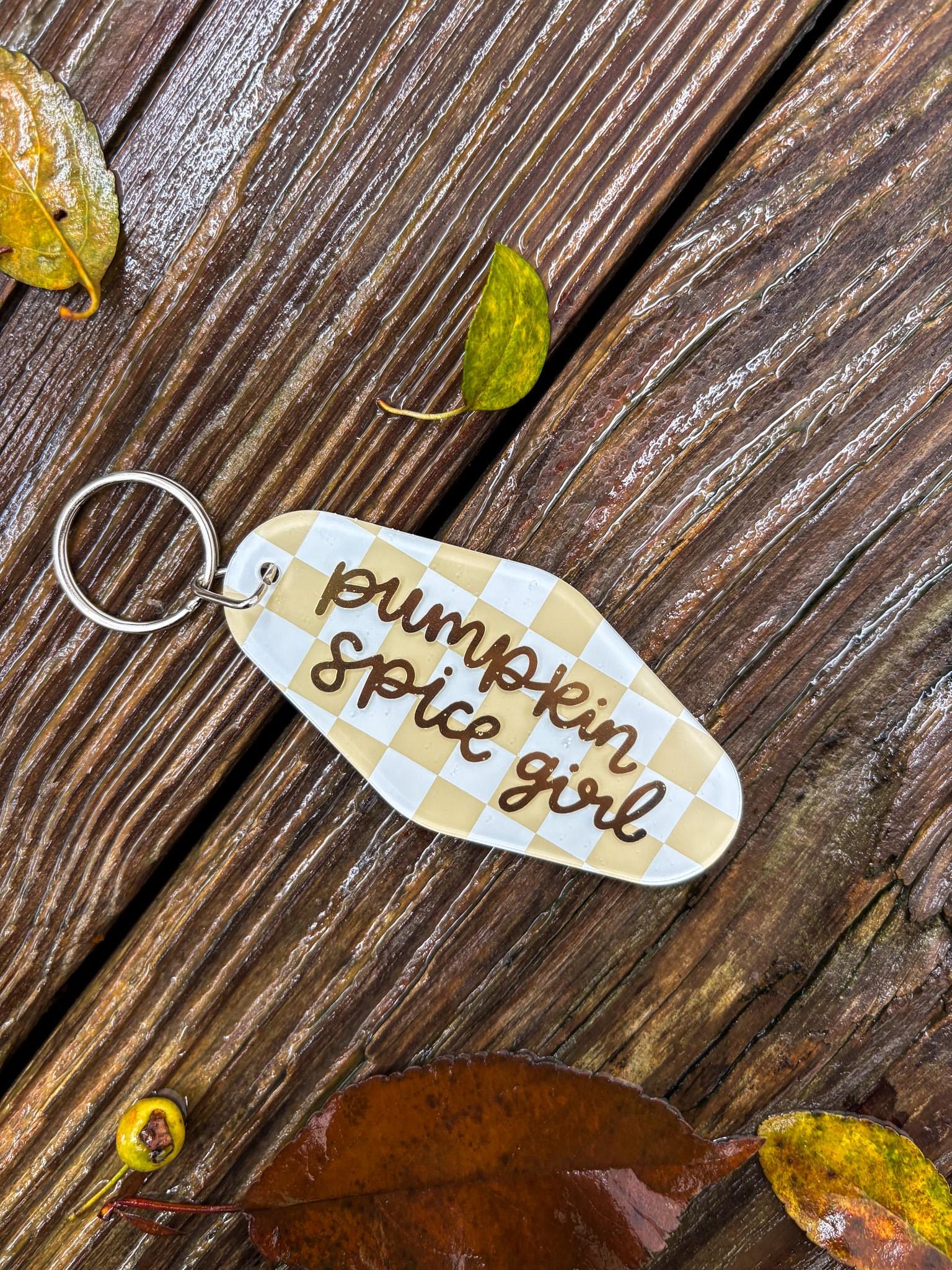Pumpkin Spice Girl Acrylic Checkered Motel Keychain