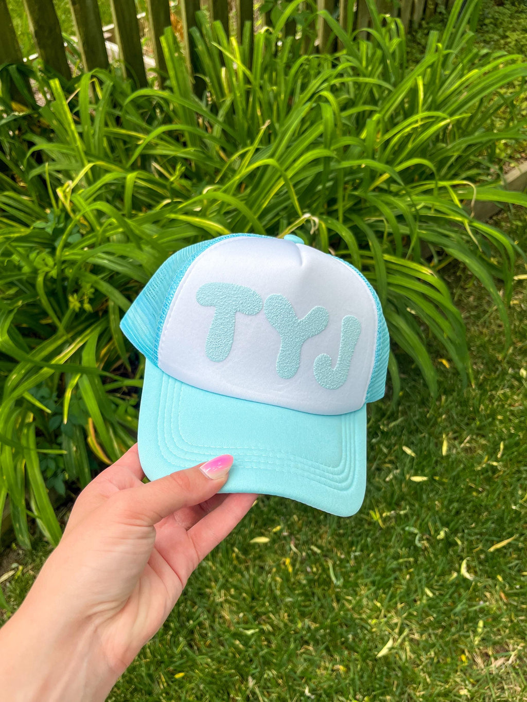 TYJ White and Light Blue Trucker Hat | Thank You Jesus