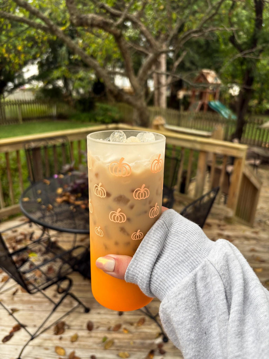 Orange Ombre Pumpkin Glass Iced Coffee Cup with Lid & Straw