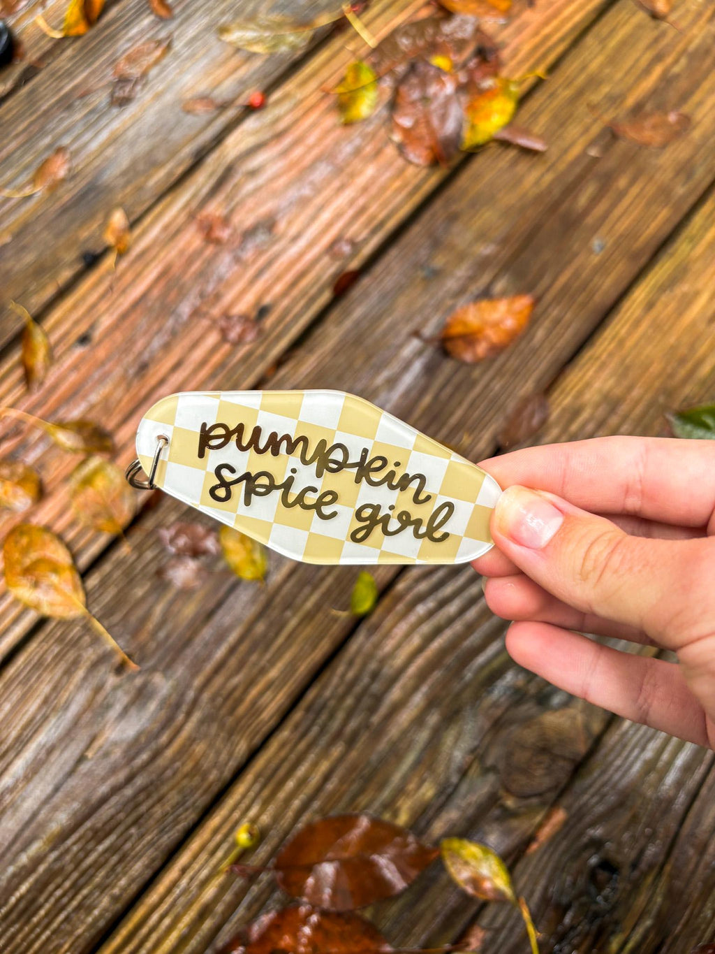 Pumpkin Spice Girl Acrylic Checkered Motel Keychain