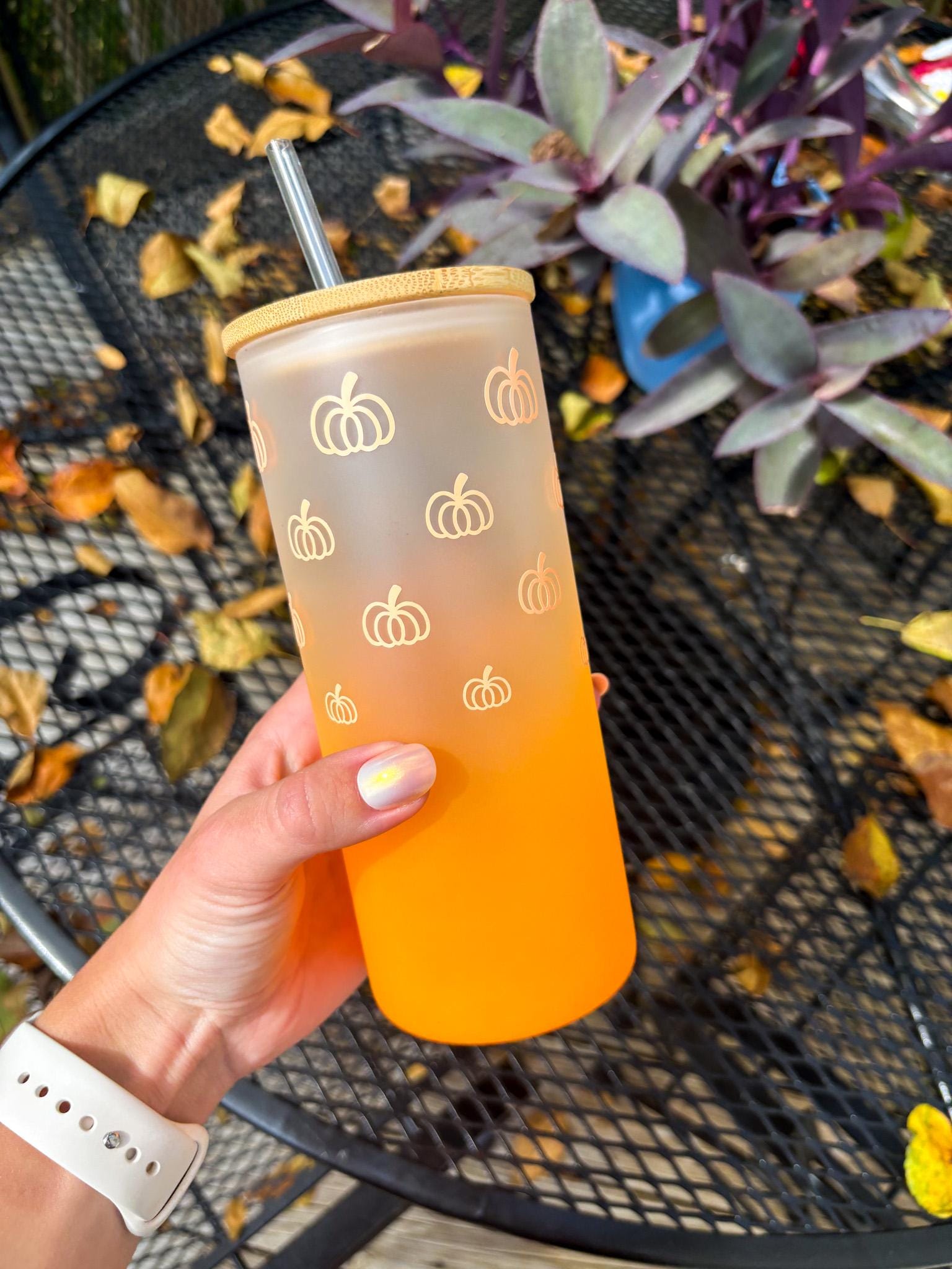 Orange Ombre Pumpkin Glass Iced Coffee Cup with Lid & Straw