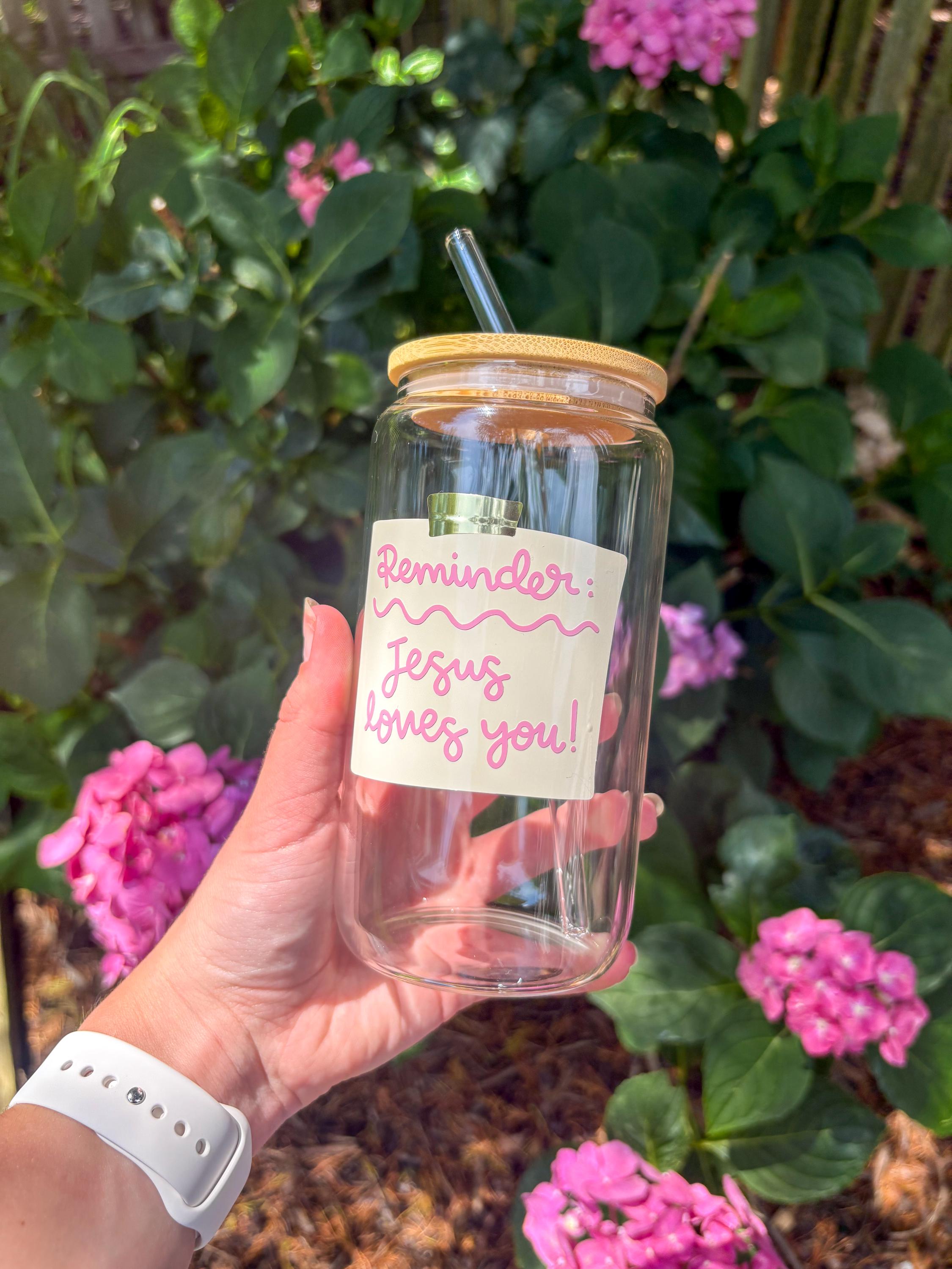 Jesus Loves You Glass Cup: Christian Iced Coffee, Bamboo Lid & Straw