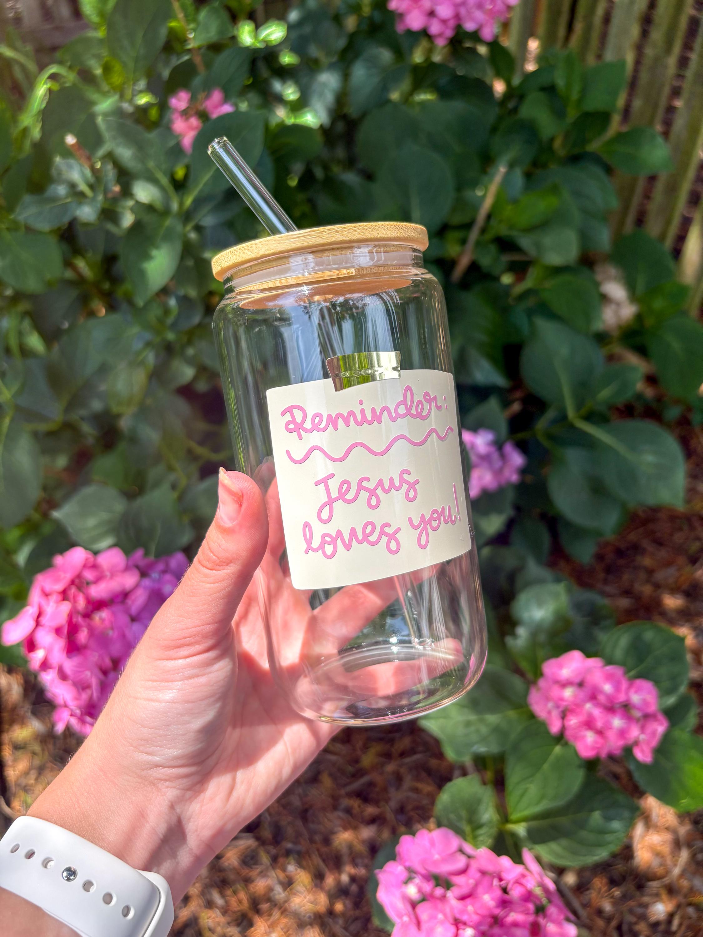 Jesus Loves You Glass Cup: Christian Iced Coffee, Bamboo Lid & Straw