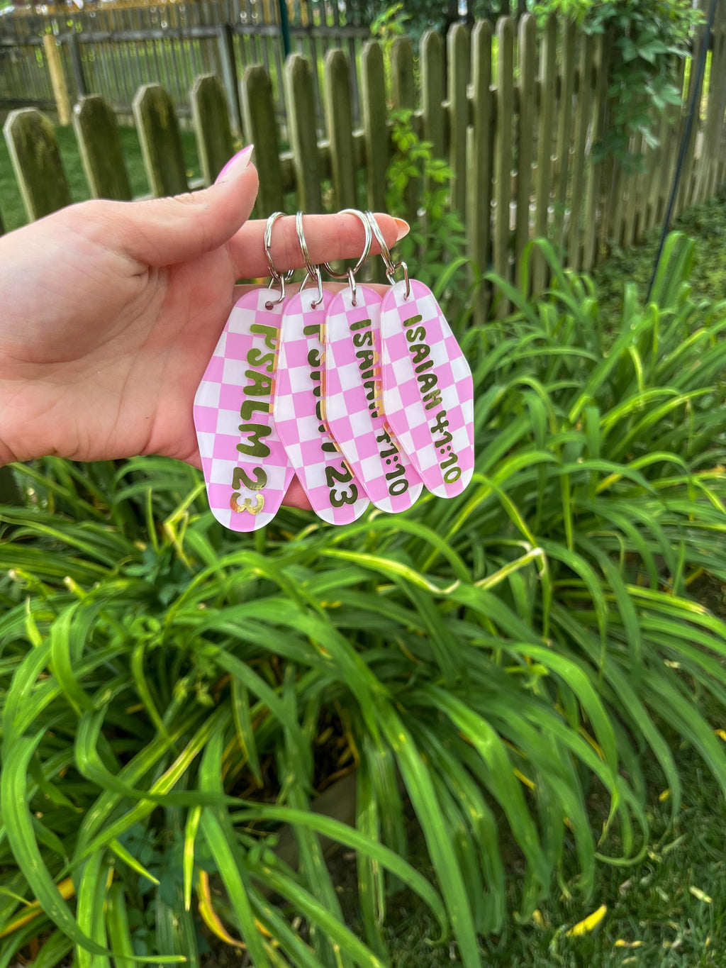 Pink Acrylic Retro Motel Checkered Bible Verse Keychain