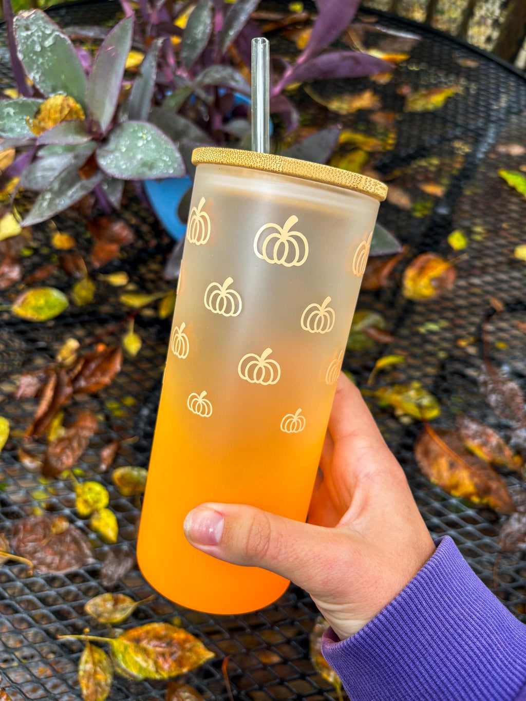 Orange Ombre Pumpkin Glass Iced Coffee Cup with Lid & Straw