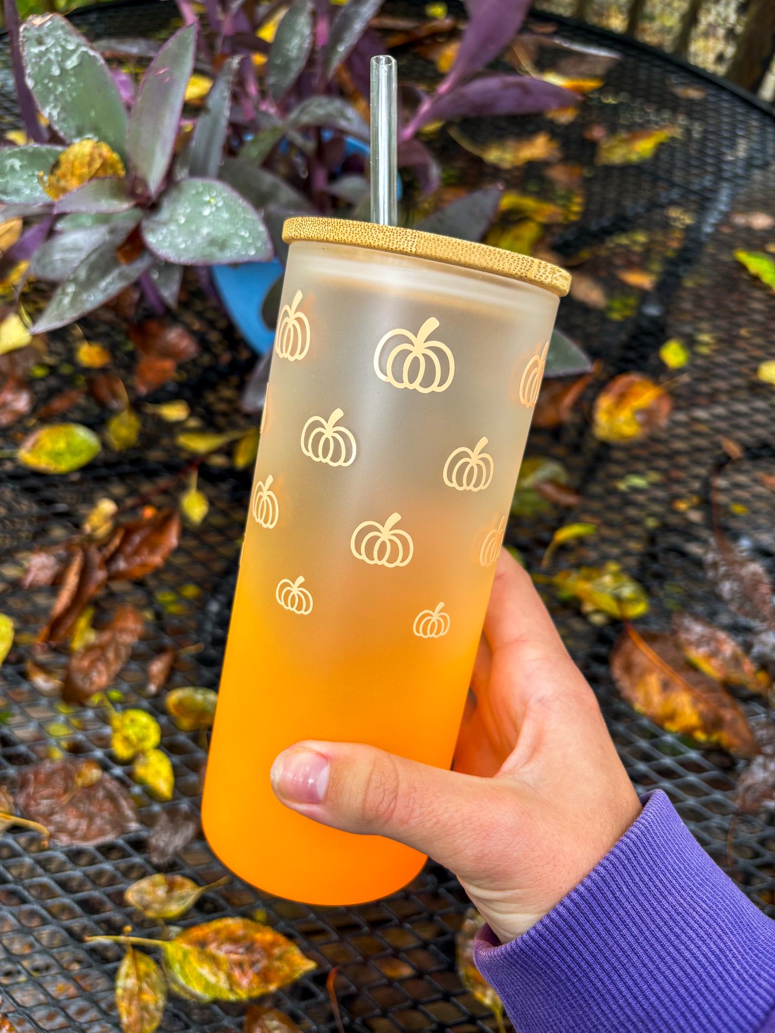 Orange Ombre Pumpkin Glass Iced Coffee Cup with Lid & Straw