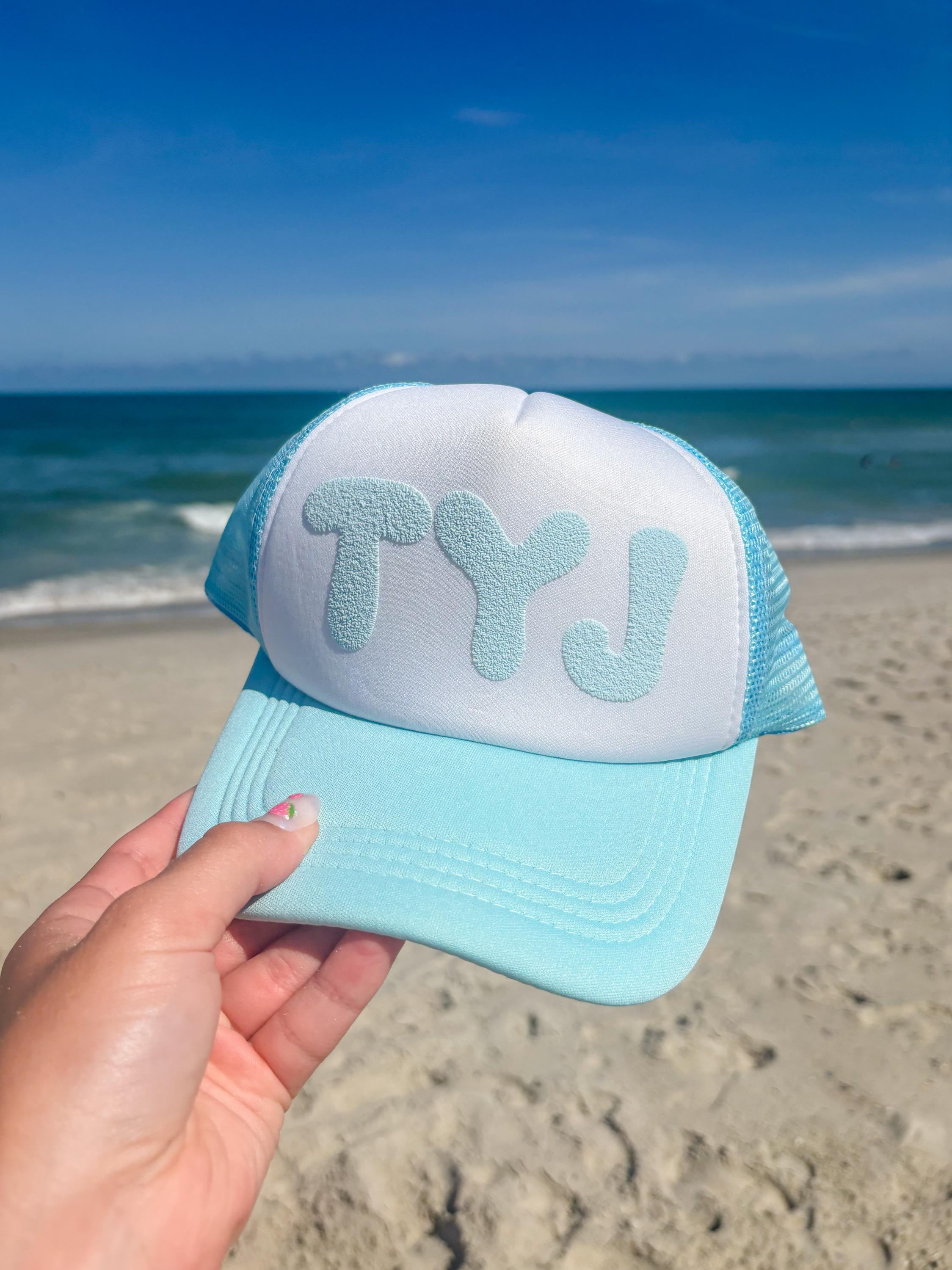 TYJ White and Light Blue Trucker Hat | Thank You Jesus
