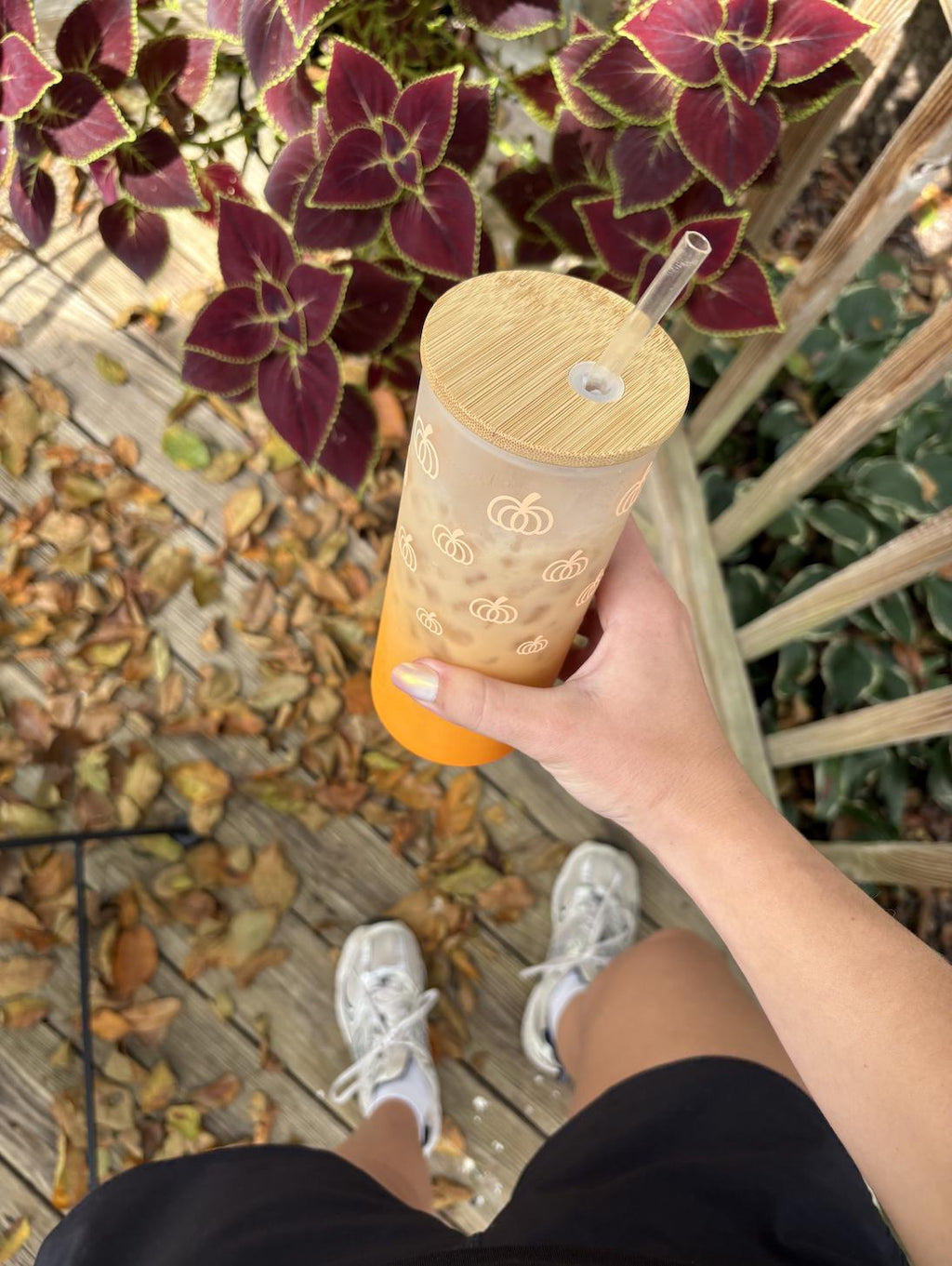 Orange Ombre Pumpkin Glass Iced Coffee Cup with Lid & Straw