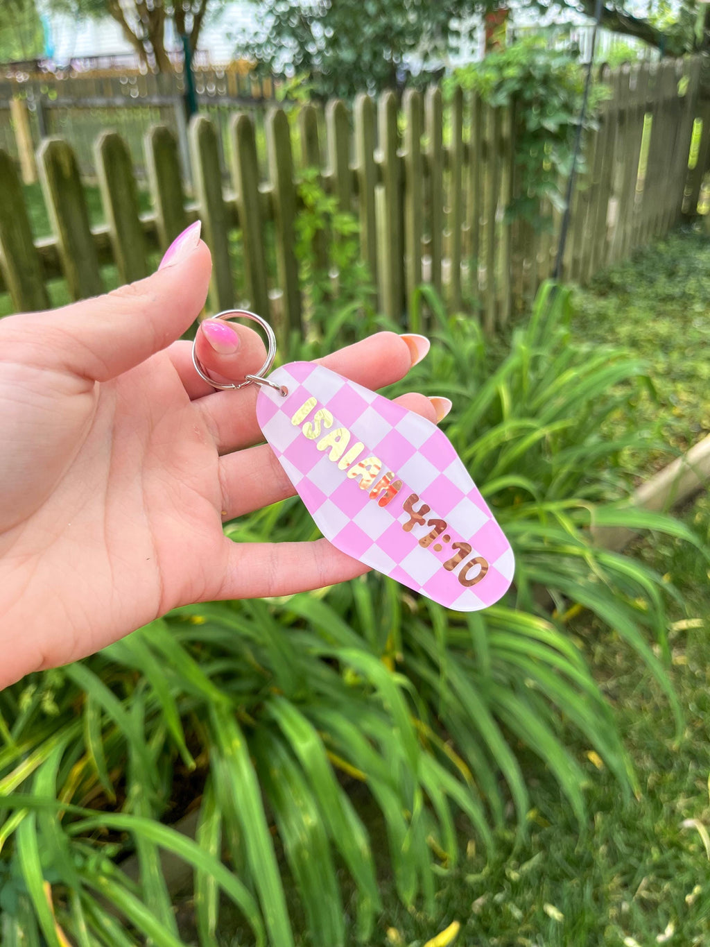 Pink Acrylic Retro Motel Checkered Bible Verse Keychain