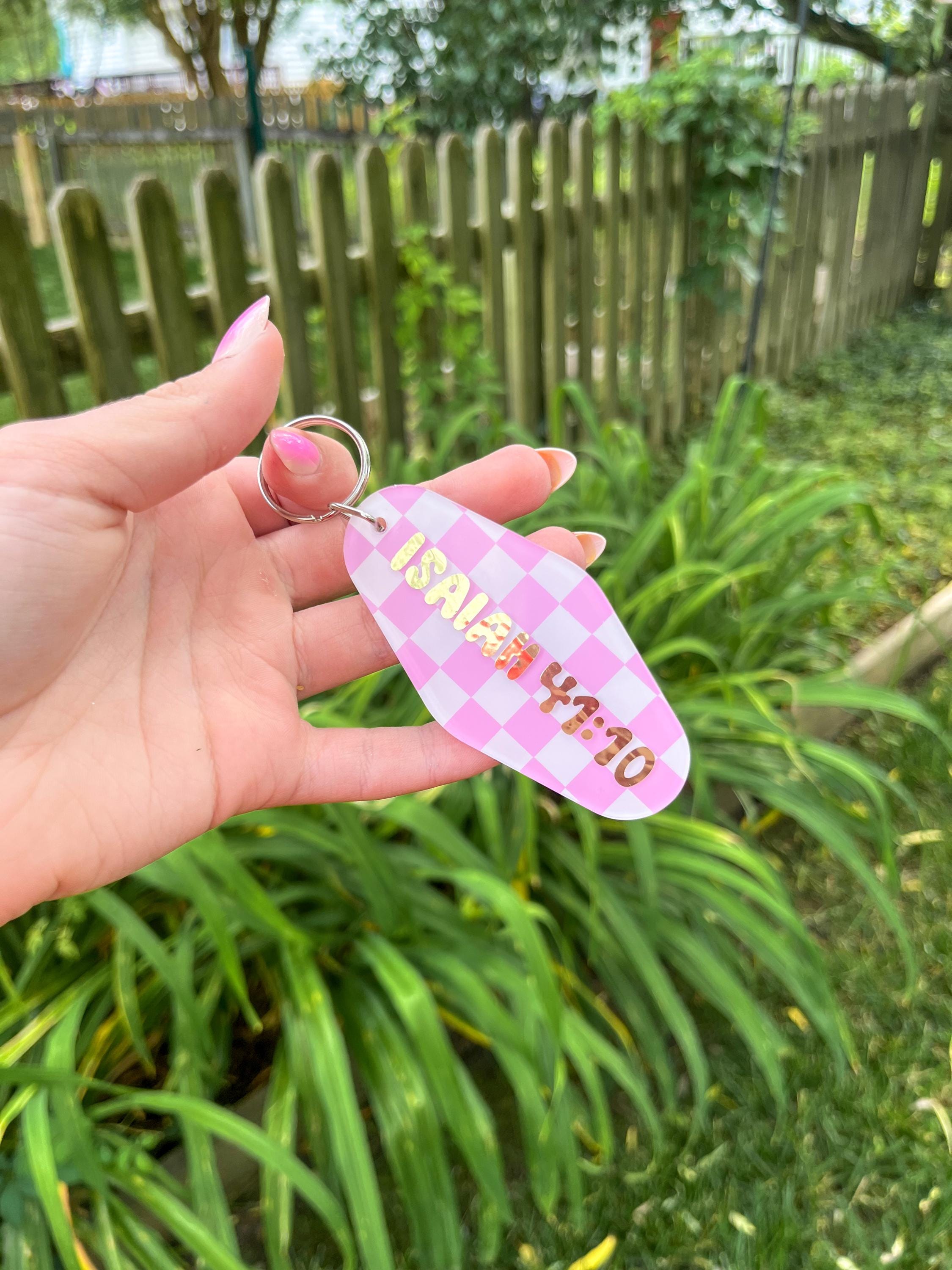Pink Acrylic Retro Motel Checkered Bible Verse Keychain