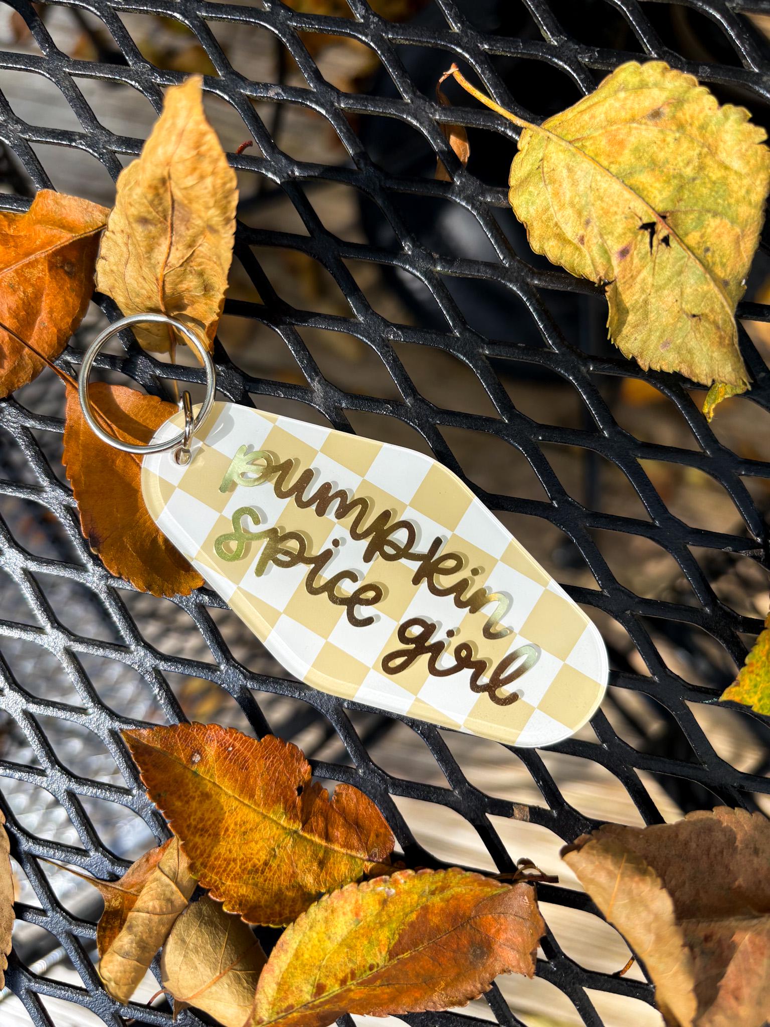 Pumpkin Spice Girl Acrylic Checkered Motel Keychain