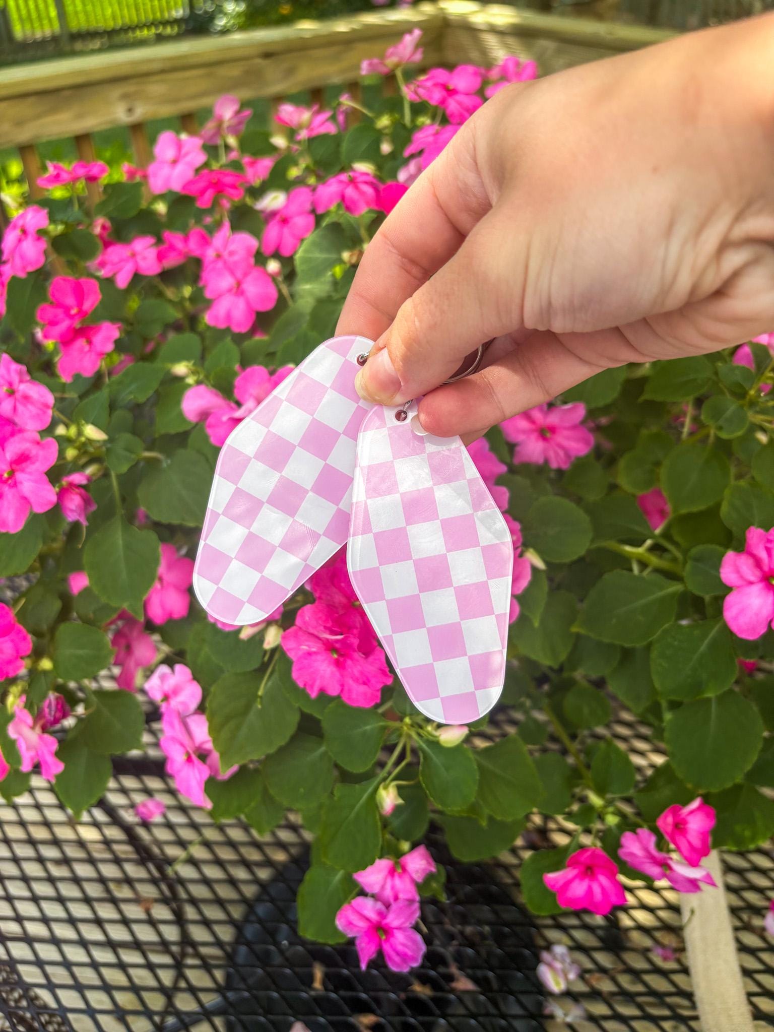 Pink Acrylic Retro Motel Checkered Bible Verse Keychain